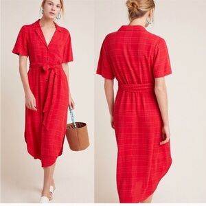 Anthropologie Maeve Aria Red‎ Textured Short Sleeve Midi Shirt Dress size small